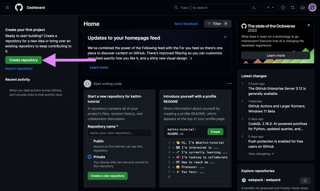 The GitHub main page, as seen while signed into a new, unused account. The Create Repository button in the left column is highlighted by a purple arrow.
