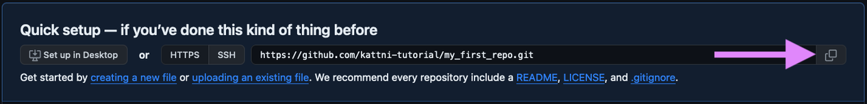 The Quick setup section found towards the middle of a newly created, but completely empty repository on GitHub, with the copy URL button highlighted by a purple arrow.